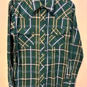 Men’s Wrangler Vintage Western Green & Blue Plaid Button Down Shirt Medium
